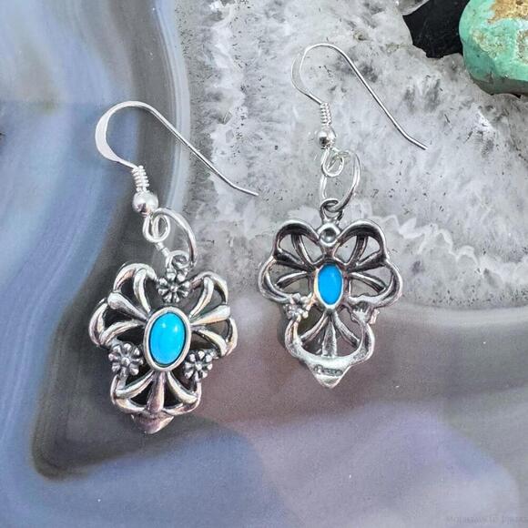 Carolyn Pollack Sterling Silver Turquoise Floral Dangle Earrings For Women - Picture 7 of 10